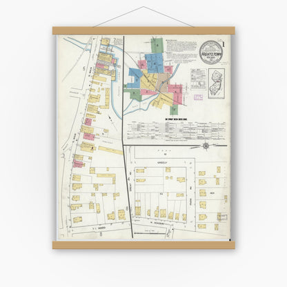 Old map wall art mockup — magnetic wood frame on white wall — Sanborn Fire Insurance Map from Hightstown, Mercer County, New Jersey (1916), Sheet #0001