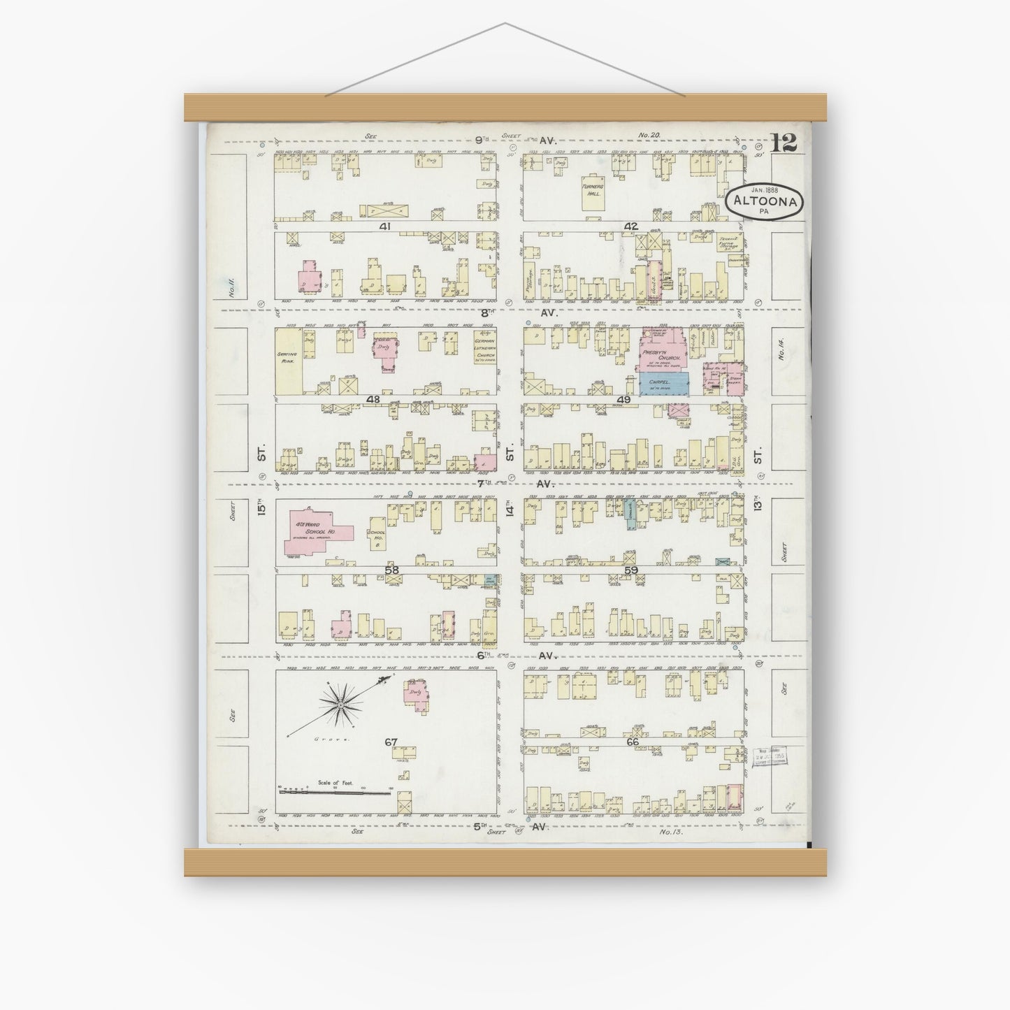 Old map wall art mockup — magnetic wood frame on white wall — Sanborn Fire Insurance Map from Altoona, Blair County, Pennsylvania (1888), Sheet #0012