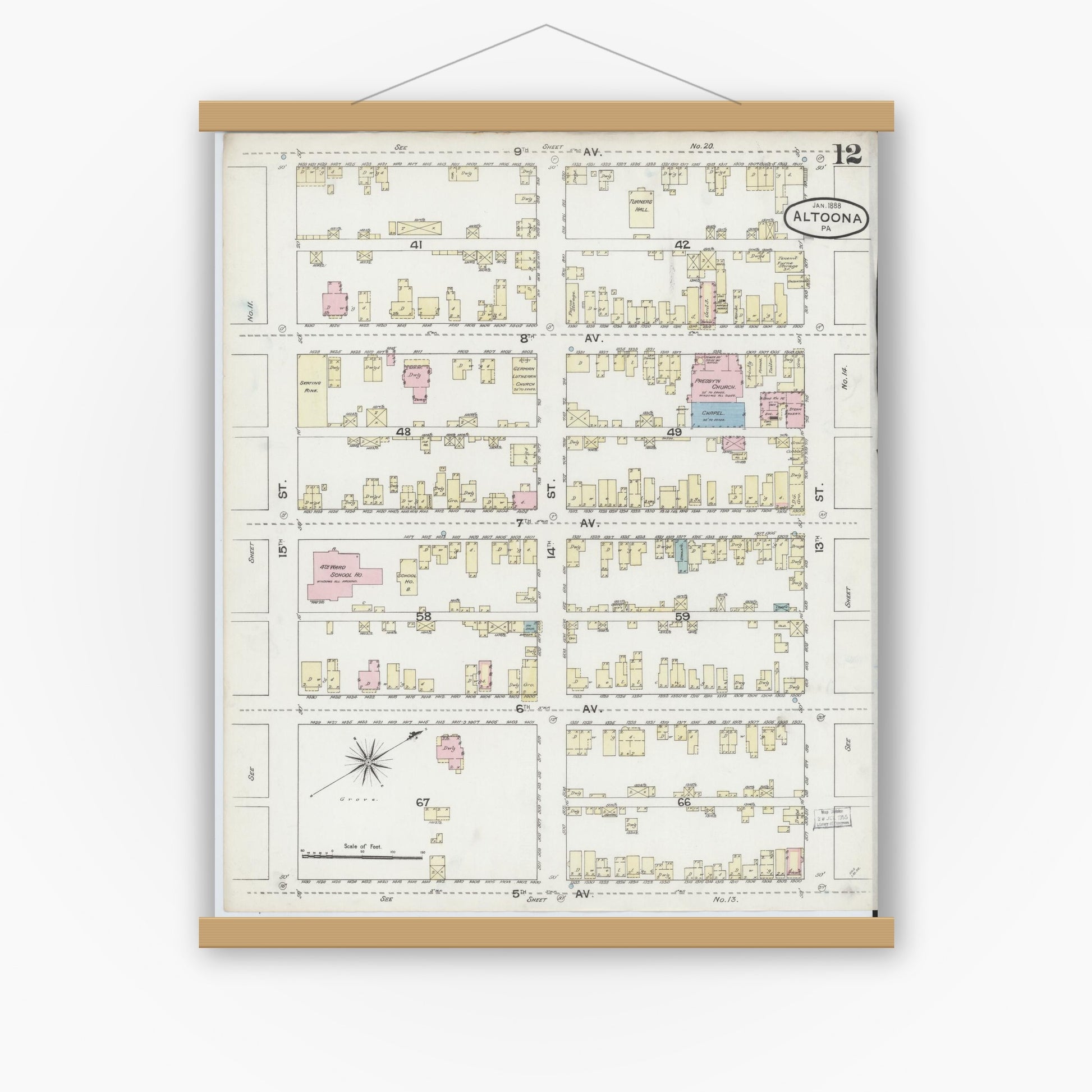 Old map wall art mockup — magnetic wood frame on white wall — Sanborn Fire Insurance Map from Altoona, Blair County, Pennsylvania (1888), Sheet #0012