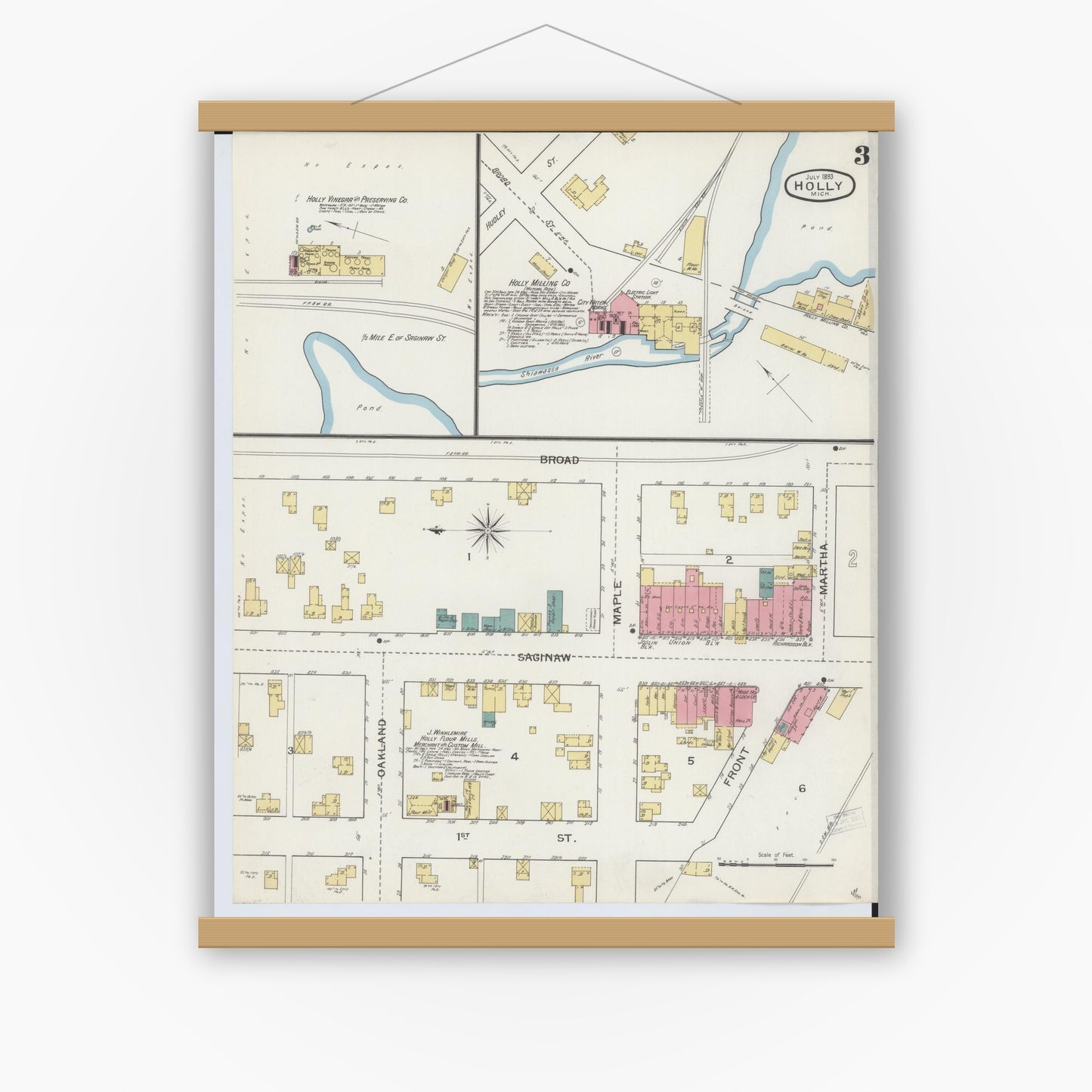Old map wall art mockup — magnetic wood frame on white wall — Sanborn Fire Insurance Map from Holly, Oakland County, Michigan (1893), Sheet #0003