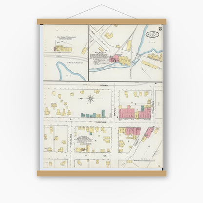 Old map wall art mockup — magnetic wood frame on white wall — Sanborn Fire Insurance Map from Holly, Oakland County, Michigan (1893), Sheet #0003