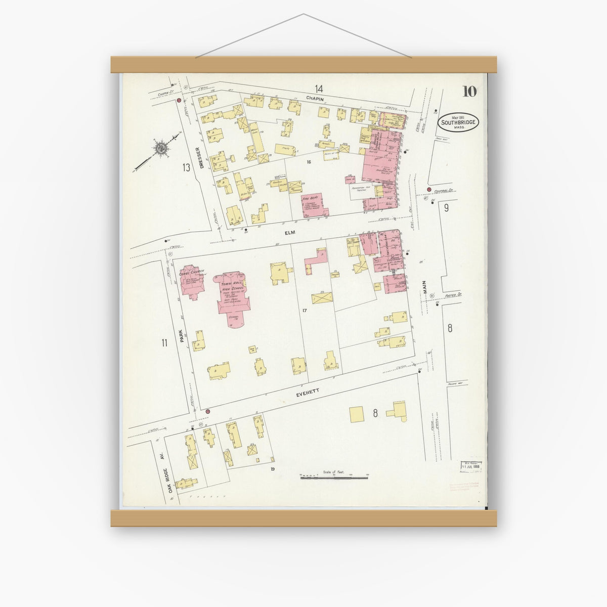Old map wall art mockup — magnetic wood frame on white wall — Sanborn Fire Insurance Map from Southbridge, Worcester County, Massachusetts (1911), Sheet #0010