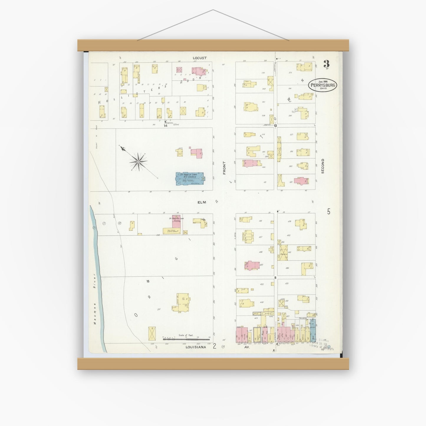 Old map wall art mockup — magnetic wood frame on white wall — Sanborn Fire Insurance Map from Perrysburg, Wood County, Ohio (1908), Sheet #0003