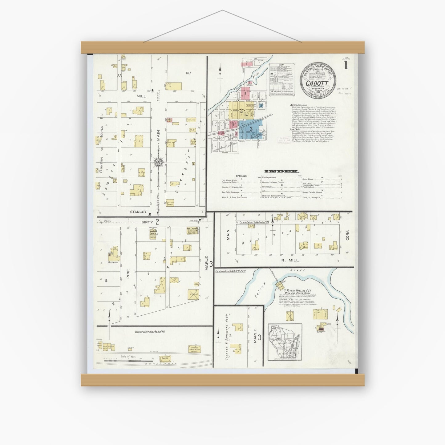 Old map wall art mockup — magnetic wood frame on white wall — Sanborn Fire Insurance Map from Cadott, Chippewa County, Wisconsin (1912), Sheet #0001
