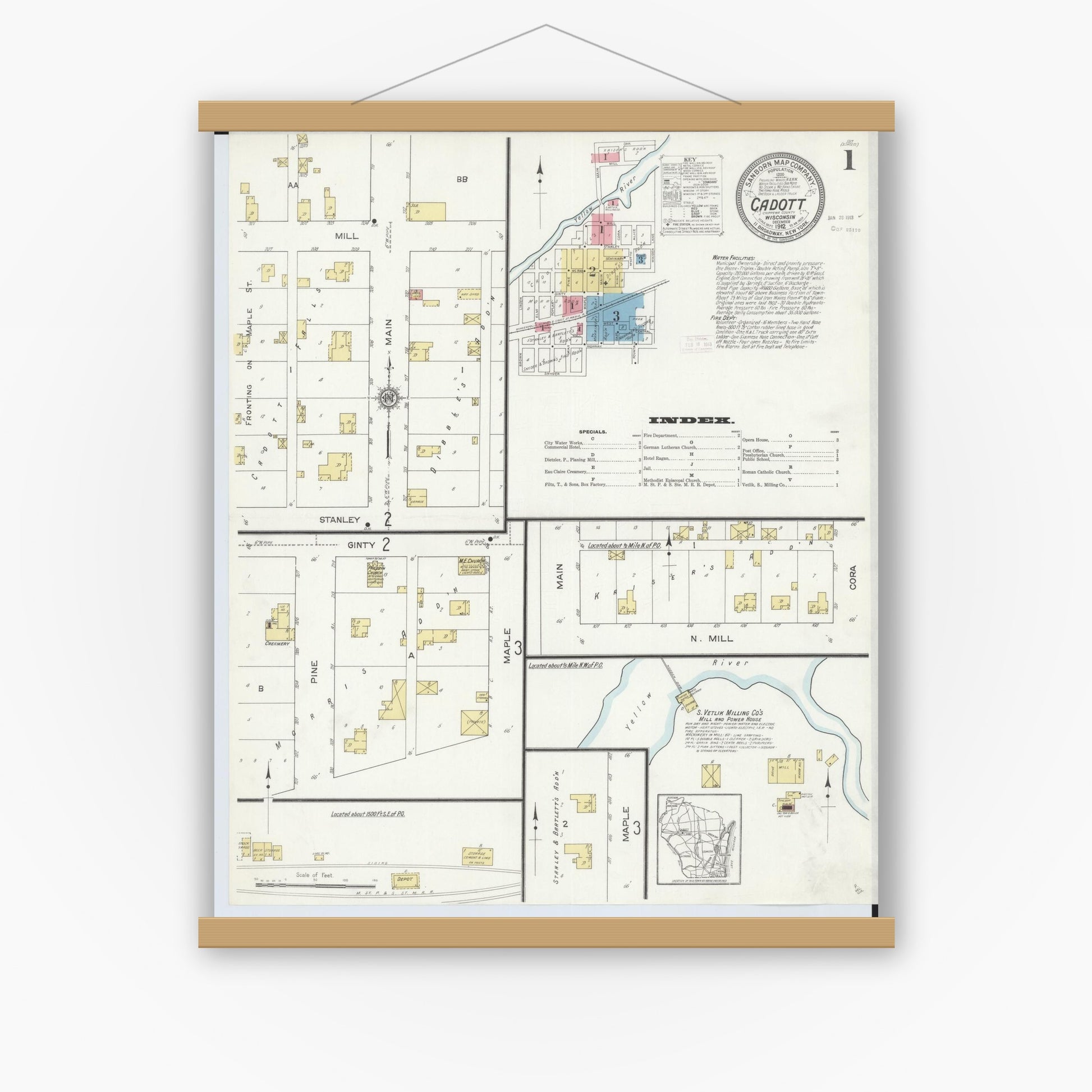 Old map wall art mockup — magnetic wood frame on white wall — Sanborn Fire Insurance Map from Cadott, Chippewa County, Wisconsin (1912), Sheet #0001