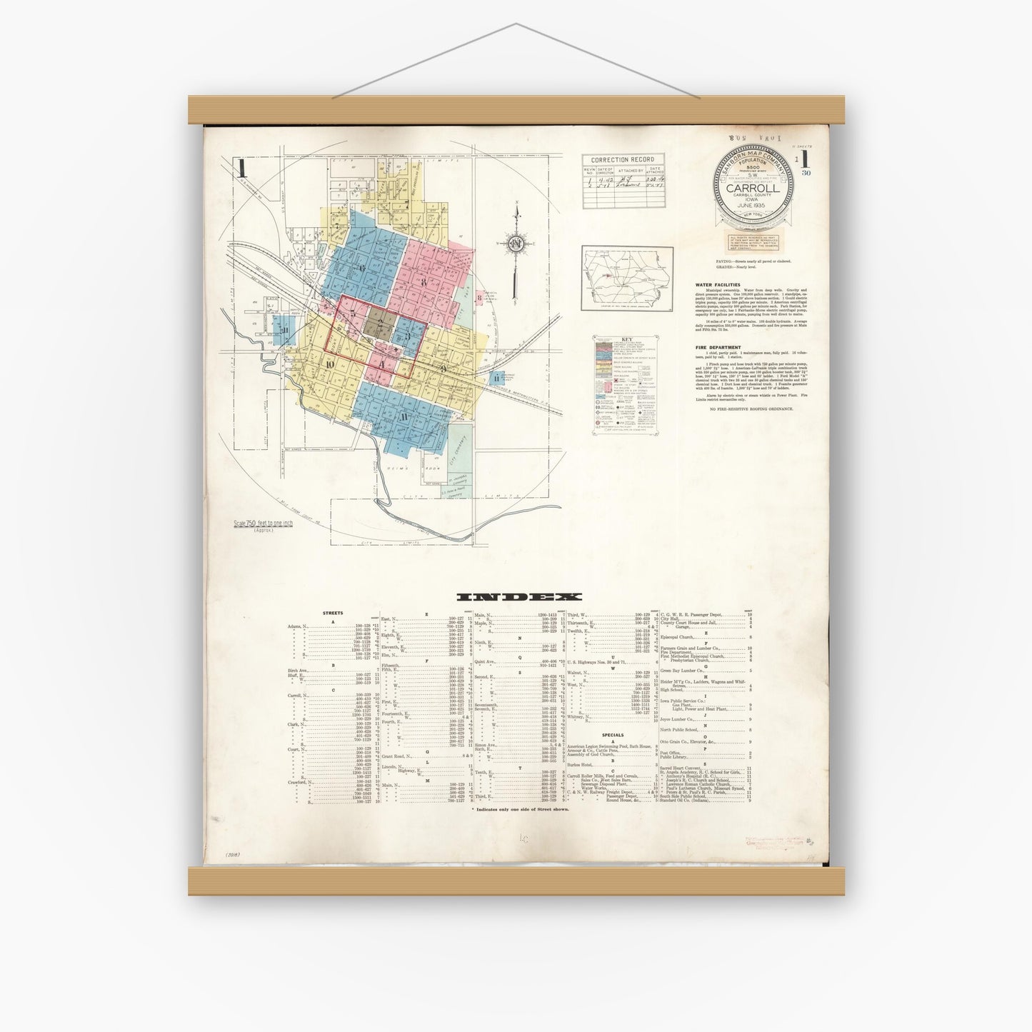 Old map wall art mockup — magnetic wood frame on white wall — Sanborn Fire Insurance Map from Carroll, Carroll County, Iowa (1948) â€” Complete Set