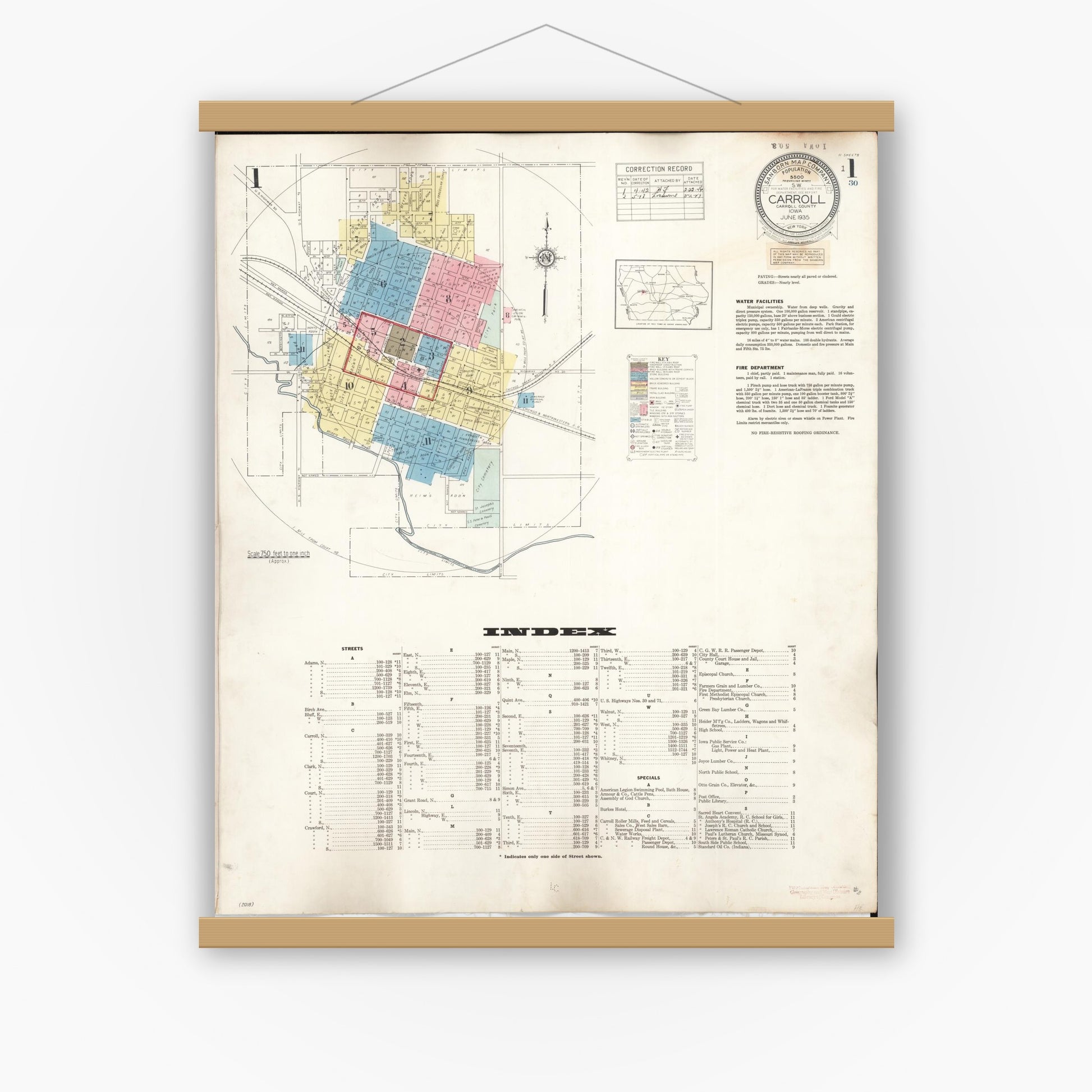 Old map wall art mockup — magnetic wood frame on white wall — Sanborn Fire Insurance Map from Carroll, Carroll County, Iowa (1948) â€” Complete Set