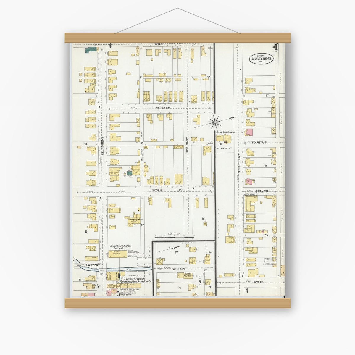Old map wall art mockup — magnetic wood frame on white wall — Sanborn Fire Insurance Map from Jersey Shore, Lycoming County, Pennsylvania (1901), Sheet #0004