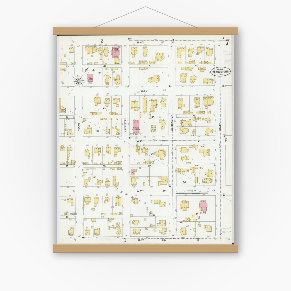 Old map wall art mockup — magnetic wood frame on white wall — Sanborn Fire Insurance Map from Beardstown, Cass County, Illinois (1900), Sheet #0007