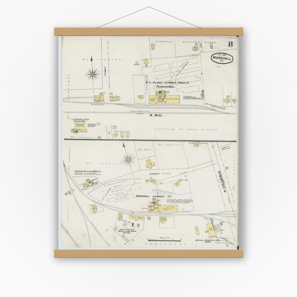 Old map wall art mockup — magnetic wood frame on white wall — Sanborn Fire Insurance Map from Marshall, Harrison County, Texas (1889), Sheet #0008