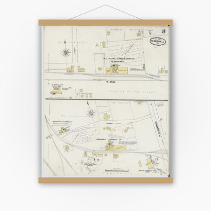 Old map wall art mockup — magnetic wood frame on white wall — Sanborn Fire Insurance Map from Marshall, Harrison County, Texas (1889), Sheet #0008