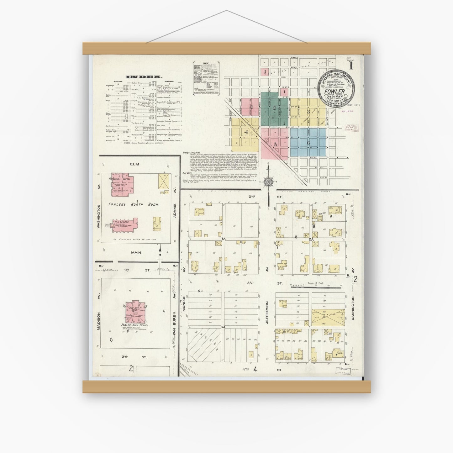 Old map wall art mockup — magnetic wood frame on white wall — Sanborn Fire Insurance Map from Fowler, Benton County, Indiana (1910), Sheet #0001