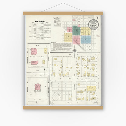 Old map wall art mockup — magnetic wood frame on white wall — Sanborn Fire Insurance Map from Fowler, Benton County, Indiana (1910), Sheet #0001