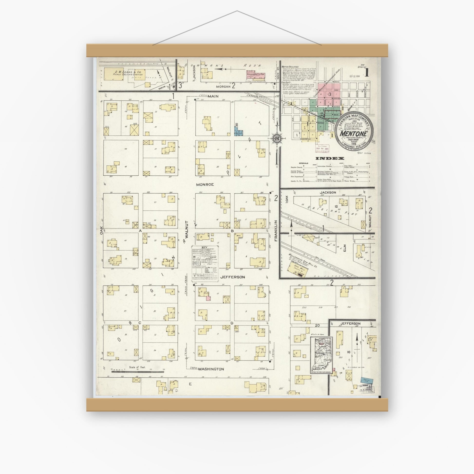 Old map wall art mockup — magnetic wood frame on white wall — Sanborn Fire Insurance Map from Mentone, Kosciusko County, Indiana (1914) - Complete Map Set