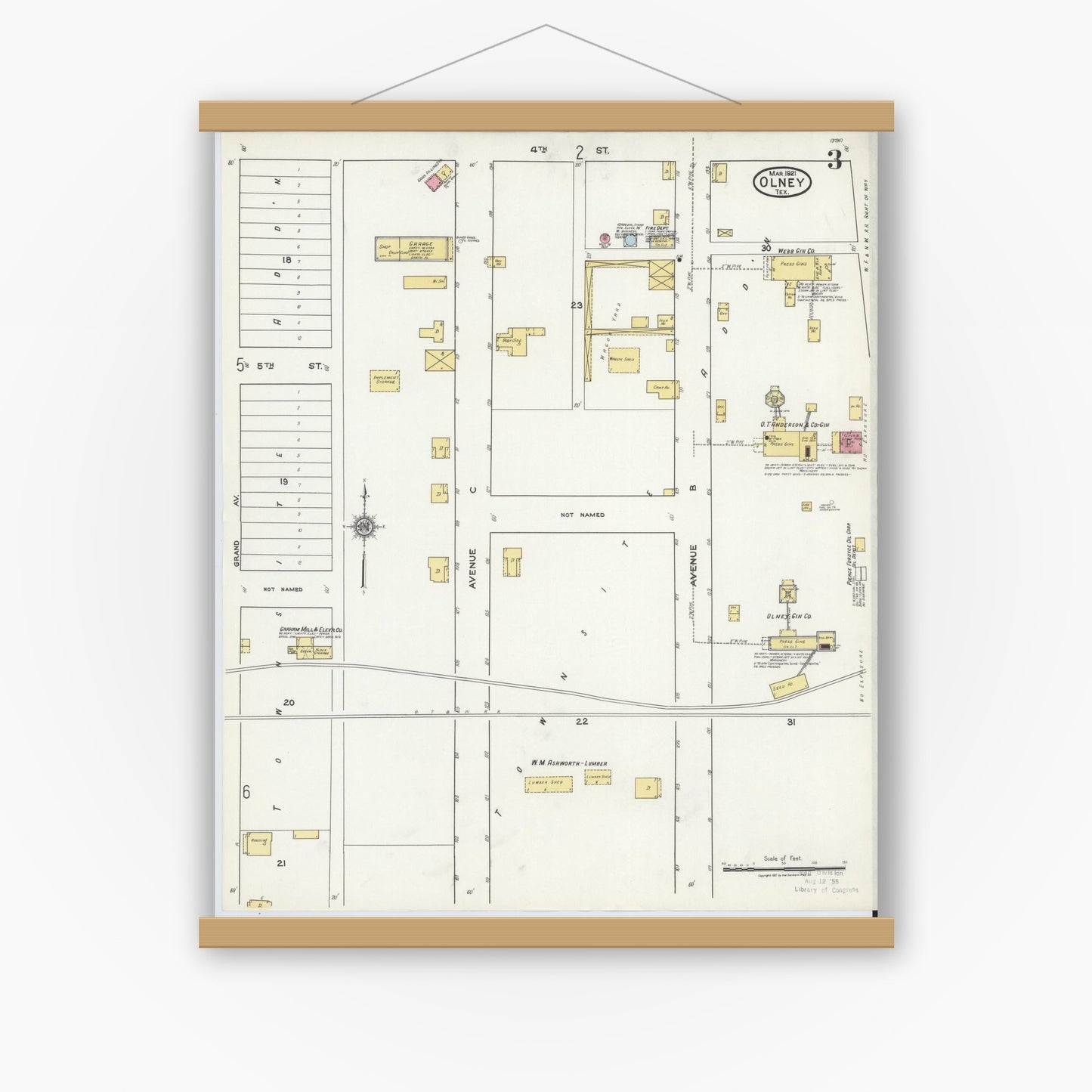Old map wall art mockup — magnetic wood frame on white wall — Sanborn Fire Insurance Map from Olney, Young County, Texas (1921), Sheet #0003