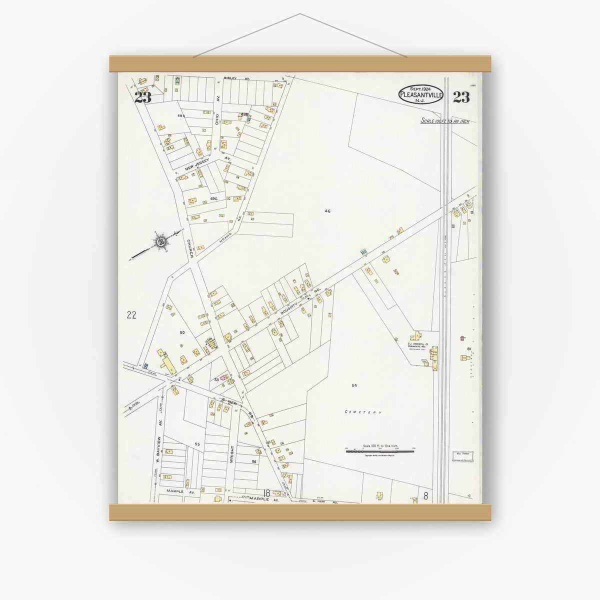Old map wall art mockup — magnetic wood frame on white wall — Sanborn Fire Insurance Map from Pleasantville, Atlantic County, New Jersey (1924), Sheet #0023