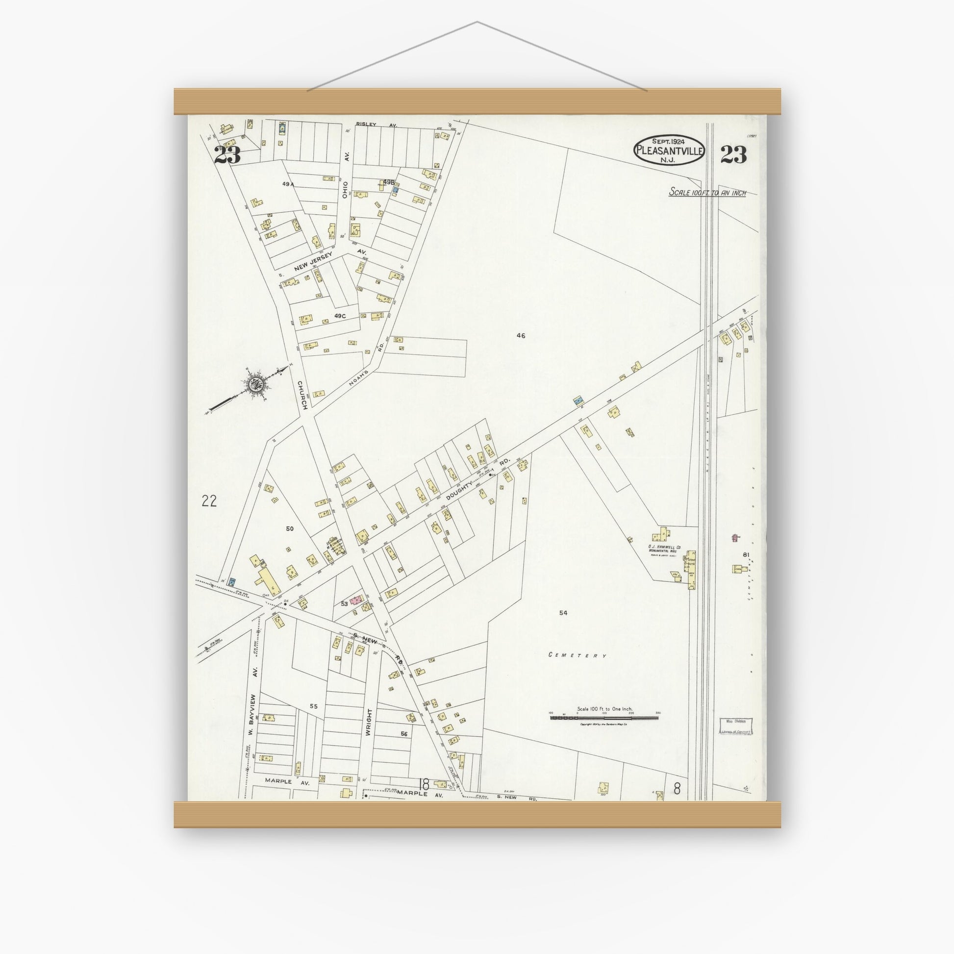 Old map wall art mockup — magnetic wood frame on white wall — Sanborn Fire Insurance Map from Pleasantville, Atlantic County, New Jersey (1924), Sheet #0023