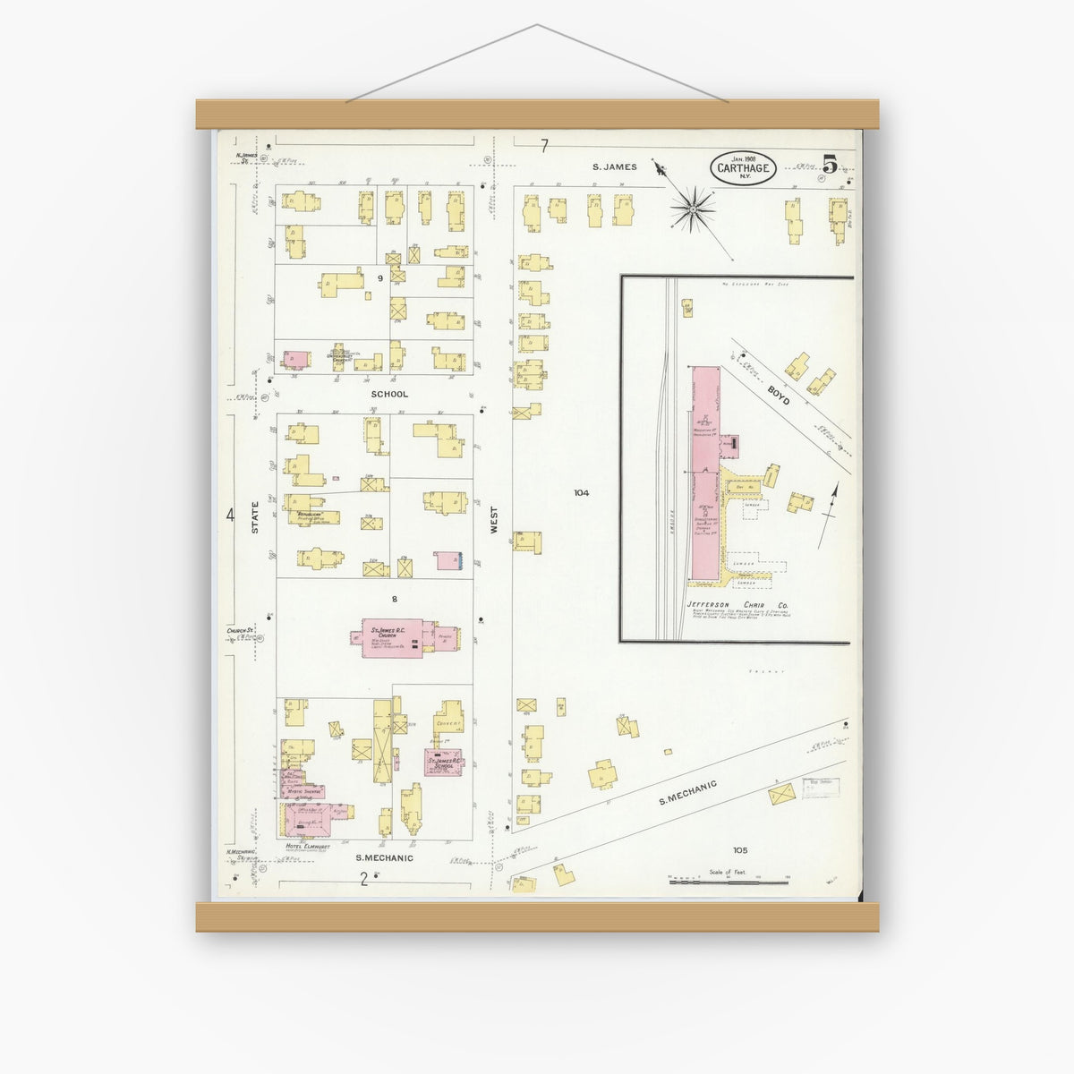 Old map wall art mockup — magnetic wood frame on white wall — Sanborn Fire Insurance Map from Carthage, Jefferson County, New York (1908), Sheet #0005