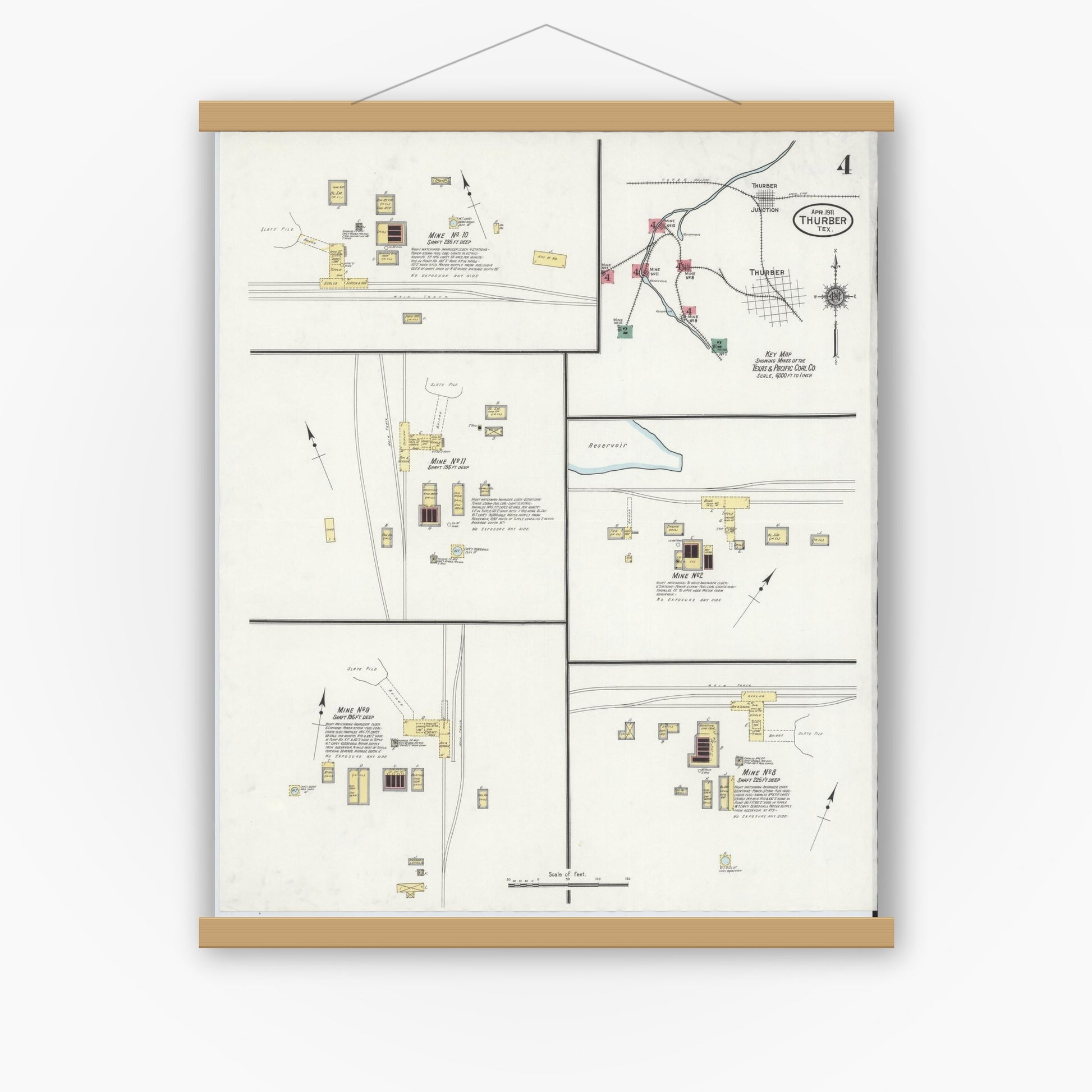 Old map wall art mockup — magnetic wood frame on white wall — Sanborn Fire Insurance Map from Thurber, Erath County, Texas (1911), Sheet #0004