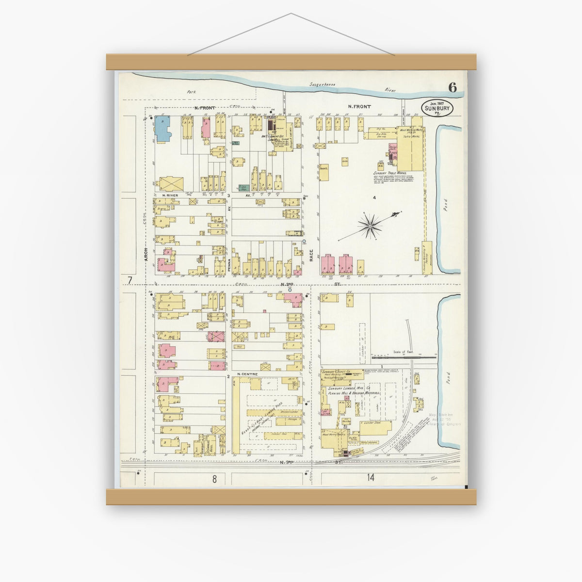 Old map wall art mockup — magnetic wood frame on white wall — Sanborn Fire Insurance Map from Sunbury, Northumberland County, Pennsylvania (1907), Sheet #0006