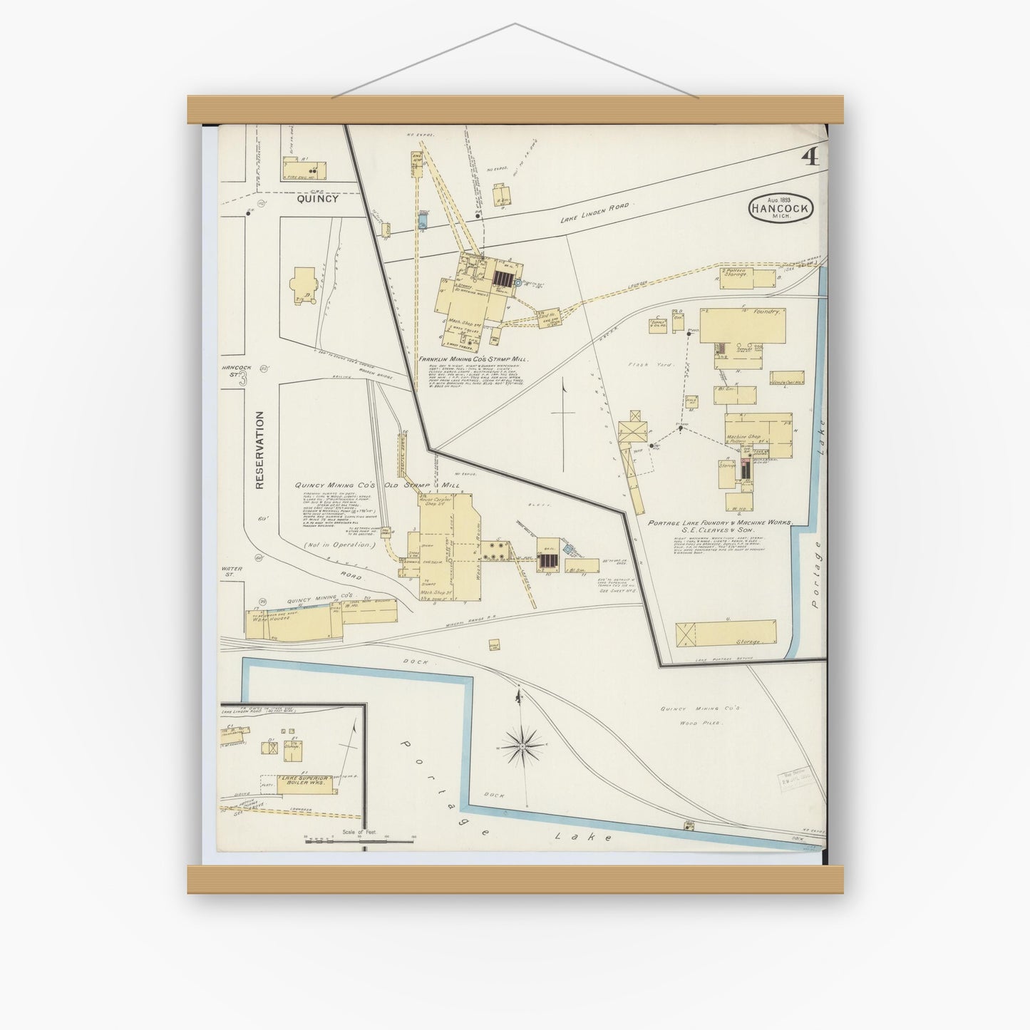 Old map wall art mockup — magnetic wood frame on white wall — Sanborn Fire Insurance Map from Houghton, Houghton County, Michigan (1893), Sheet #0004