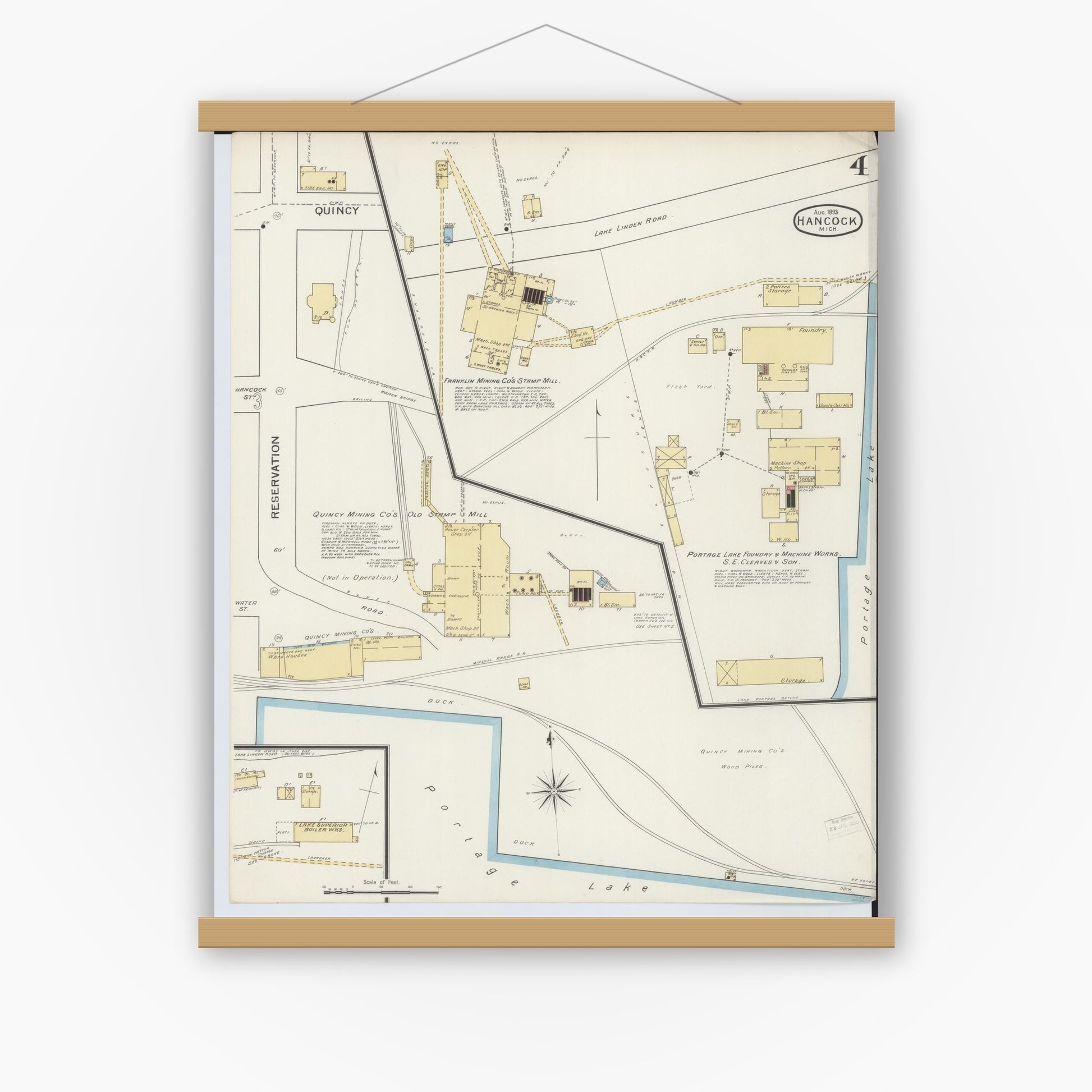 Old map wall art mockup — magnetic wood frame on white wall — Sanborn Fire Insurance Map from Houghton, Houghton County, Michigan (1893), Sheet #0004