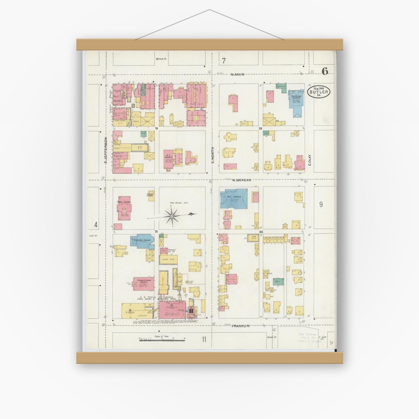 Old map wall art mockup — magnetic wood frame on white wall — Sanborn Fire Insurance Map from Butler, Butler County, Pennsylvania (1906), Sheet #0006