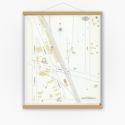 Old map wall art mockup — magnetic wood frame on white wall — Sanborn Fire Insurance Map from Vassar, Tuscola County, Michigan (1909), Sheet #0003
