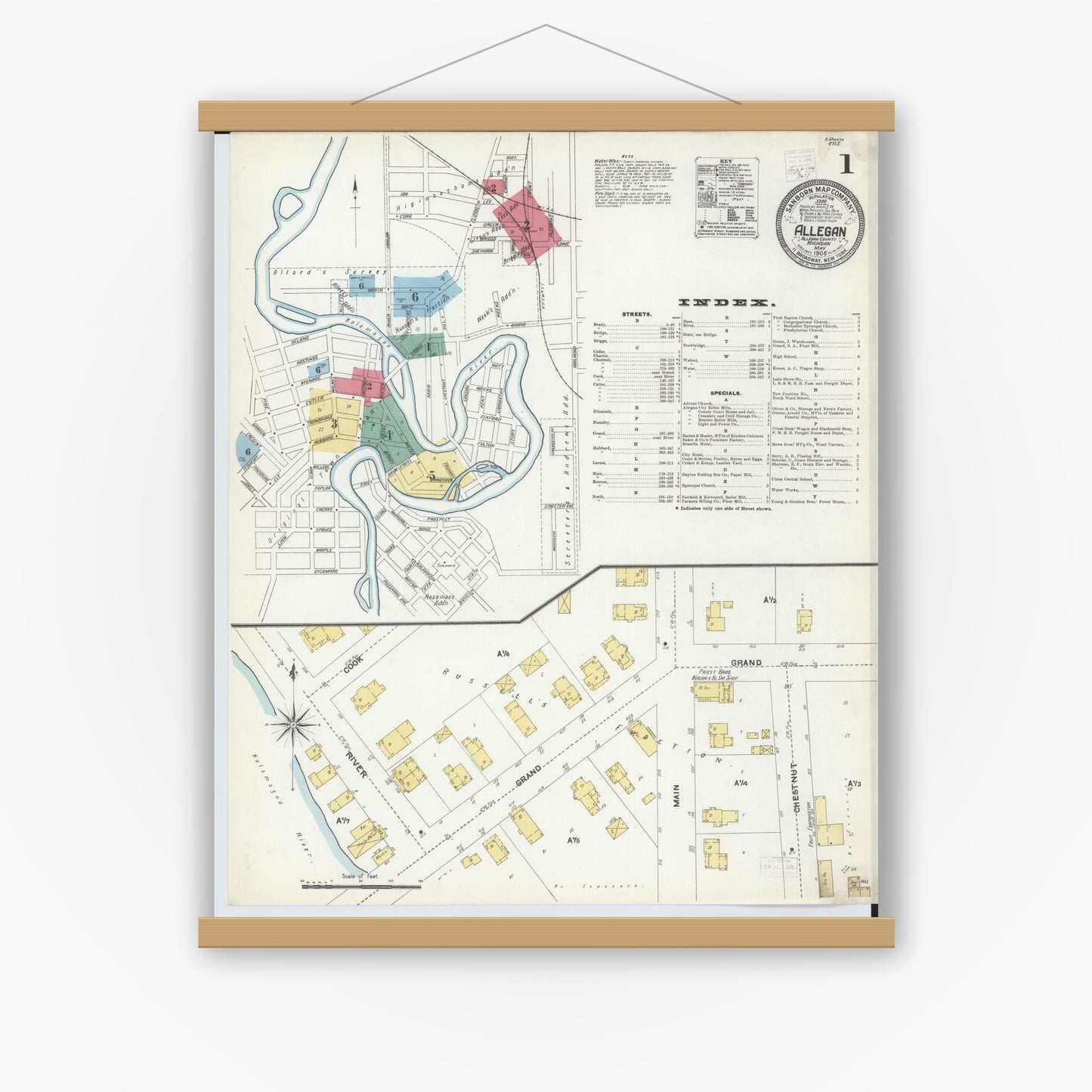 Old map wall art mockup — magnetic wood frame on white wall — Sanborn Fire Insurance Map from Allegan, Allegan County, Michigan (1906), Sheet #0001