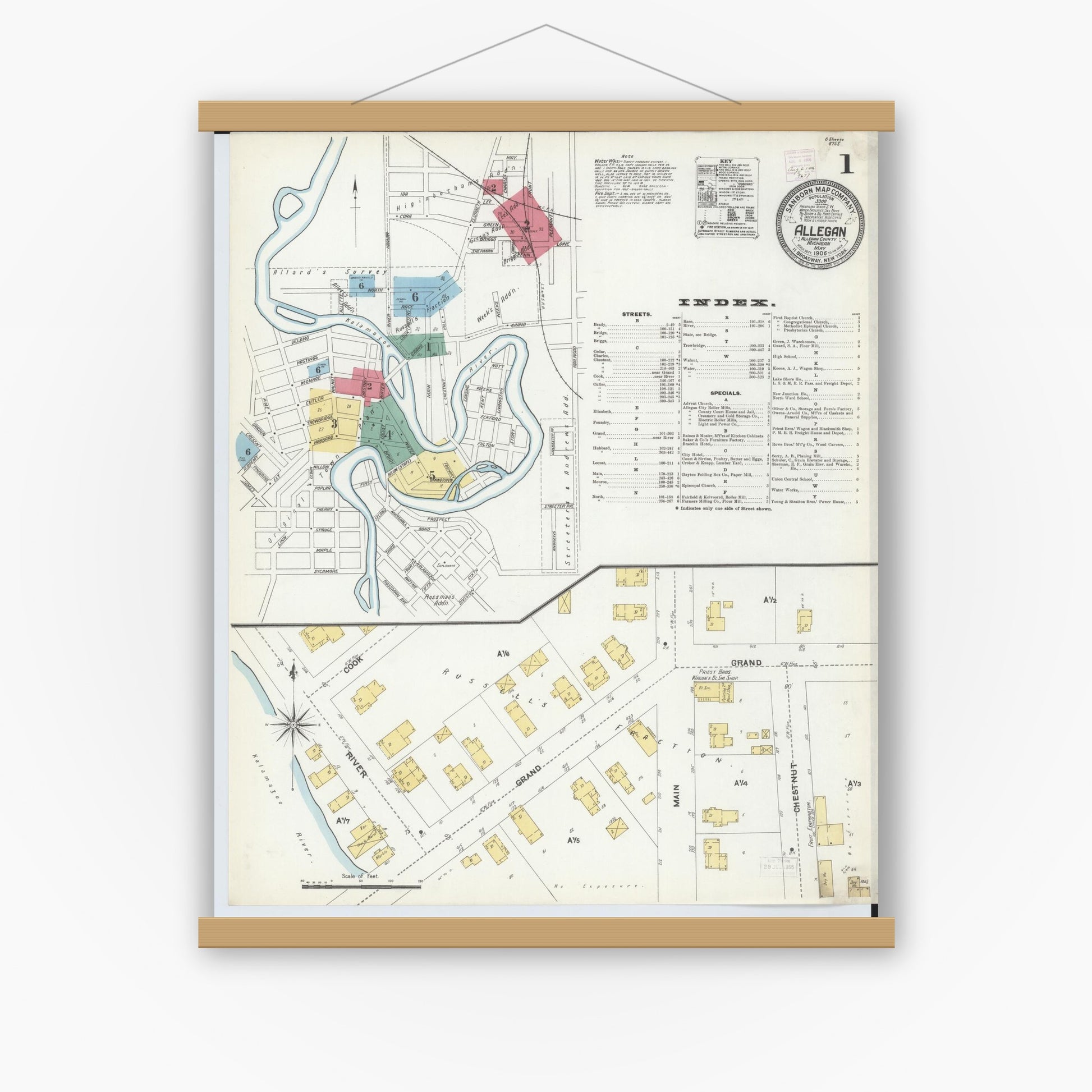 Old map wall art mockup — magnetic wood frame on white wall — Sanborn Fire Insurance Map from Allegan, Allegan County, Michigan (1906), Sheet #0001