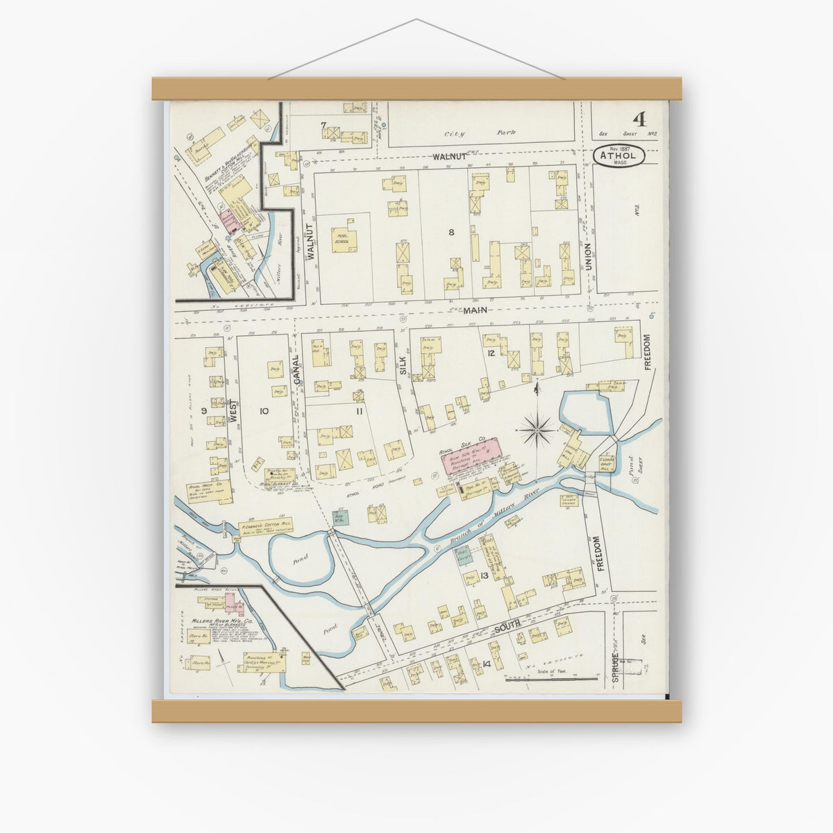 Old map wall art mockup — magnetic wood frame on white wall — Sanborn Fire Insurance Map from Athol, Worcester County, Massachusetts (1887), Sheet #0004
