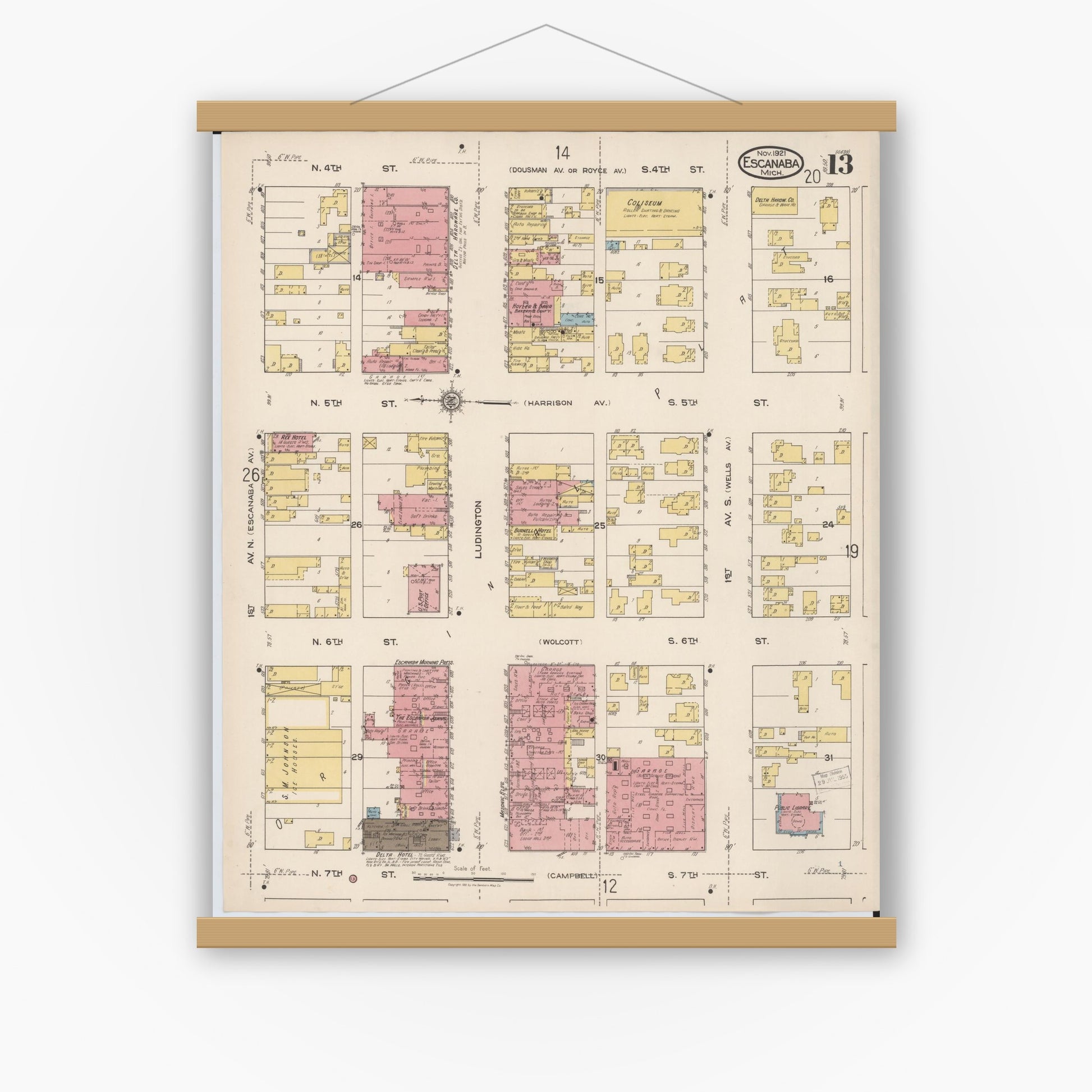 Old map wall art mockup — magnetic wood frame on white wall — Sanborn Fire Insurance Map from Escanaba, Delta County, Michigan (1921), Sheet #0013
