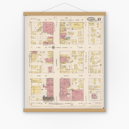 Old map wall art mockup — magnetic wood frame on white wall — Sanborn Fire Insurance Map from Escanaba, Delta County, Michigan (1921), Sheet #0013