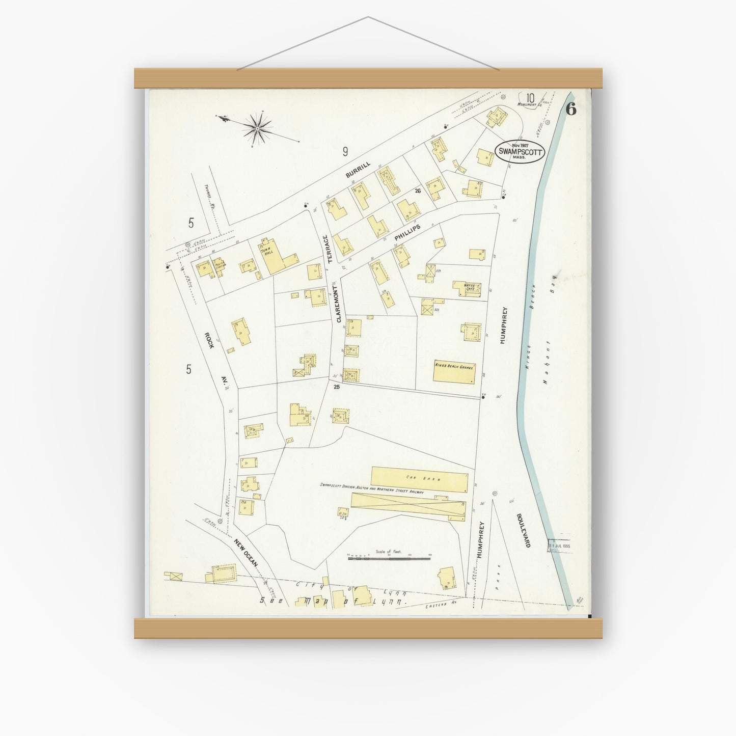 Old map wall art mockup — magnetic wood frame on white wall — Sanborn Fire Insurance Map from Swampscott, Essex County, Massachusetts (1907), Sheet #0006