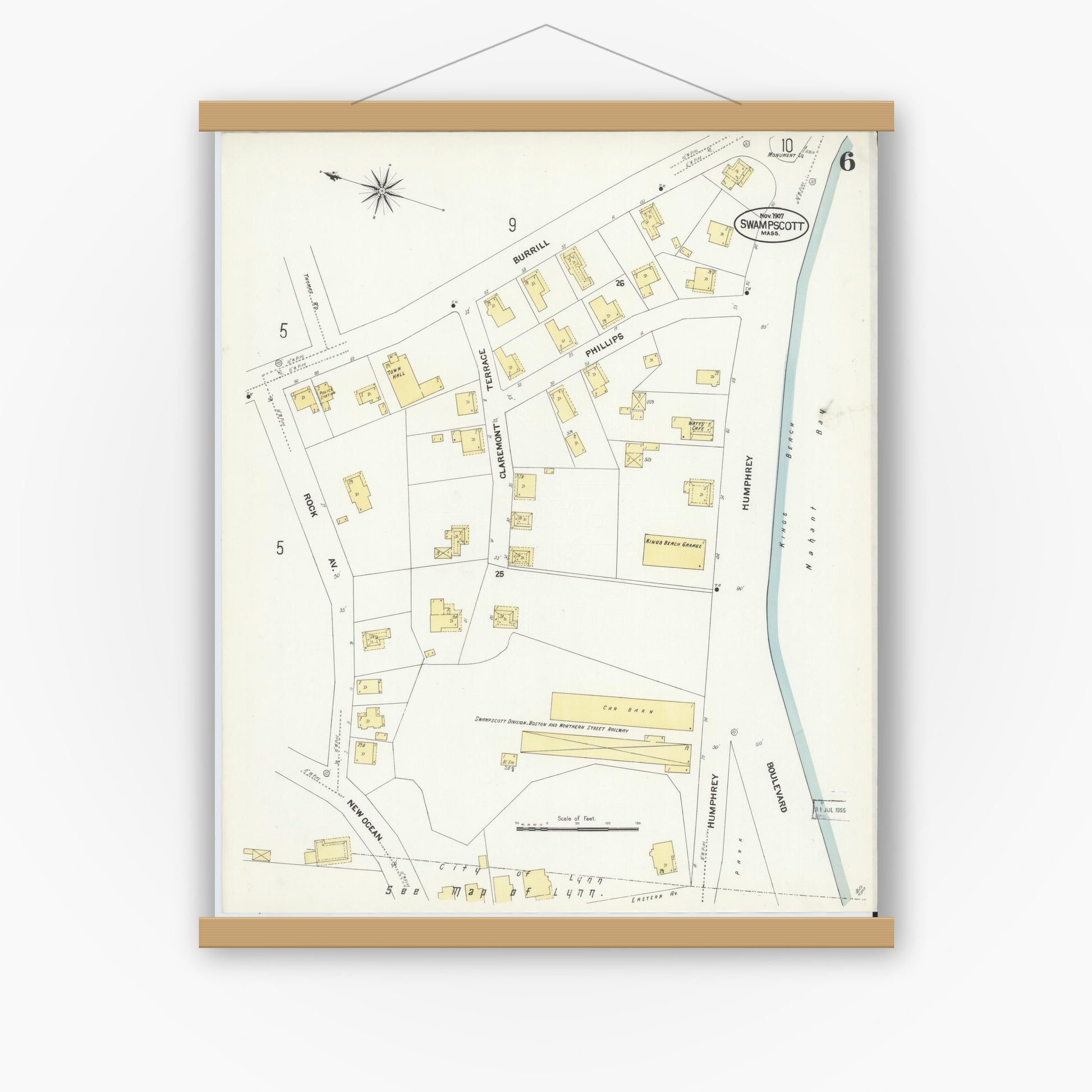 Old map wall art mockup — magnetic wood frame on white wall — Sanborn Fire Insurance Map from Swampscott, Essex County, Massachusetts (1907), Sheet #0006