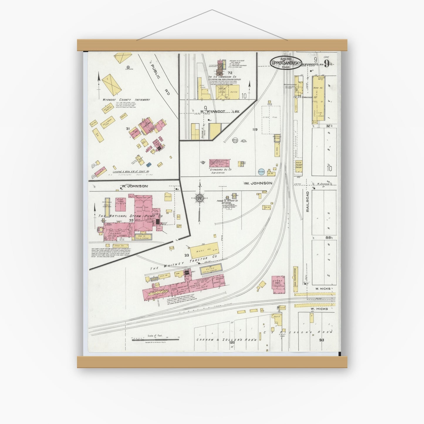 Old map wall art mockup — magnetic wood frame on white wall — Sanborn Fire Insurance Map from Upper Sandusky, Wyandot County, Ohio (1921), Sheet #0009