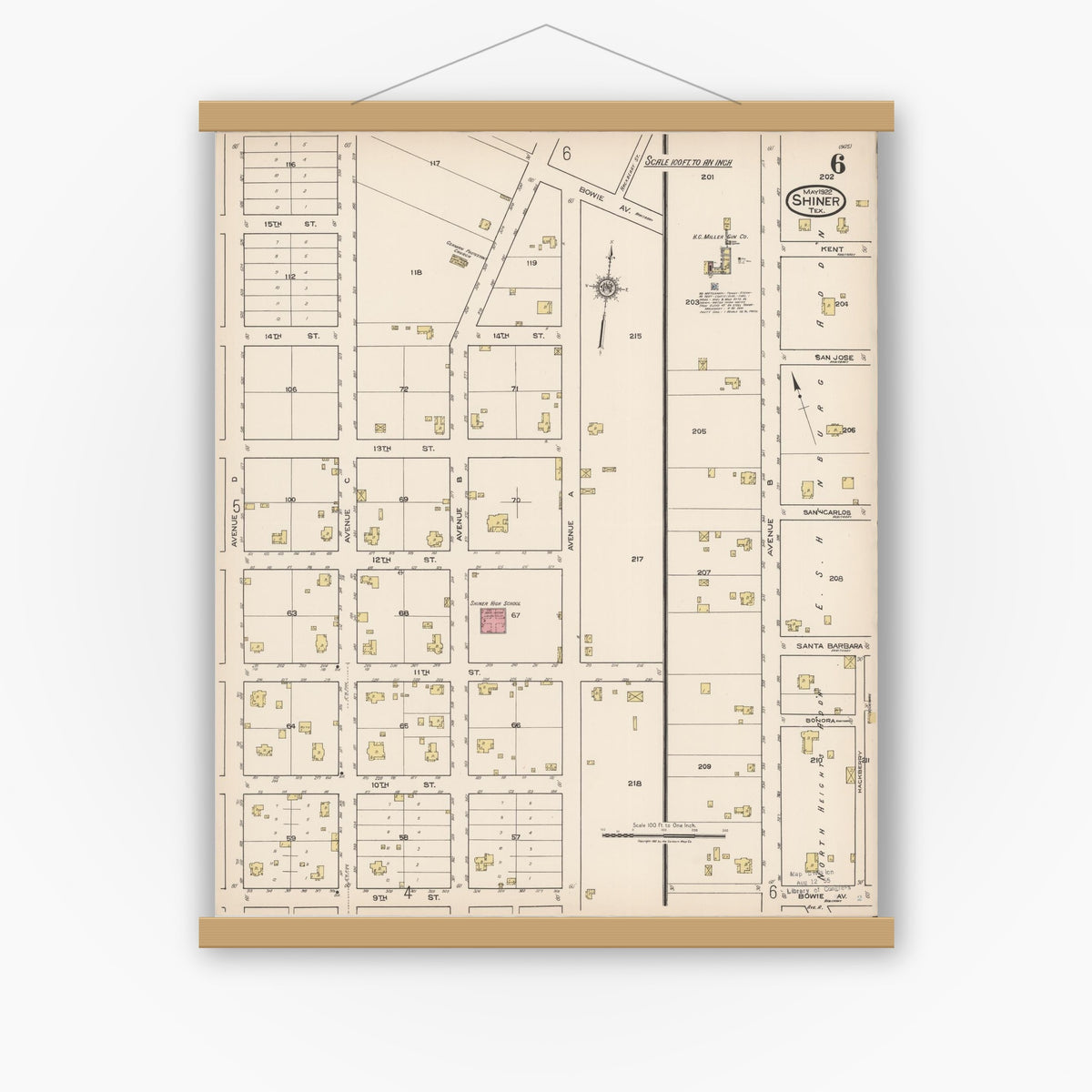 Old map wall art mockup — magnetic wood frame on white wall — Sanborn Fire Insurance Map from Shiner, Lavaca County, Texas (1922), Sheet #0006