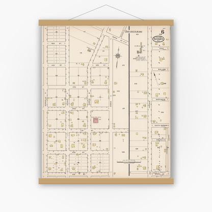 Old map wall art mockup — magnetic wood frame on white wall — Sanborn Fire Insurance Map from Shiner, Lavaca County, Texas (1922), Sheet #0006