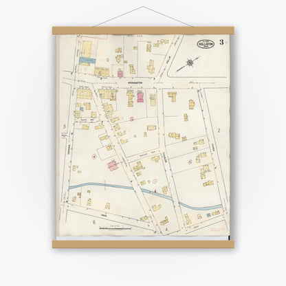 Old map wall art mockup — magnetic wood frame on white wall — Sanborn Fire Insurance Map from Holliston, Middlesex County, Massachusetts (1942), Sheet #0003