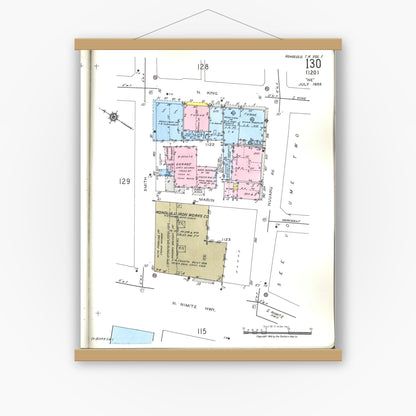 Old map wall art mockup — magnetic wood frame on white wall — Sanborn Fire Insurance Map from Honolulu, Oahu County, Hawaii (1955), Sheet #0130