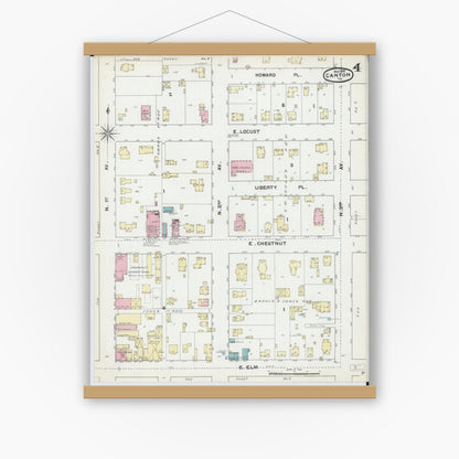 Old map wall art mockup — magnetic wood frame on white wall — Sanborn Fire Insurance Map from Canton, Fulton County, Illinois (1891), Sheet #0004