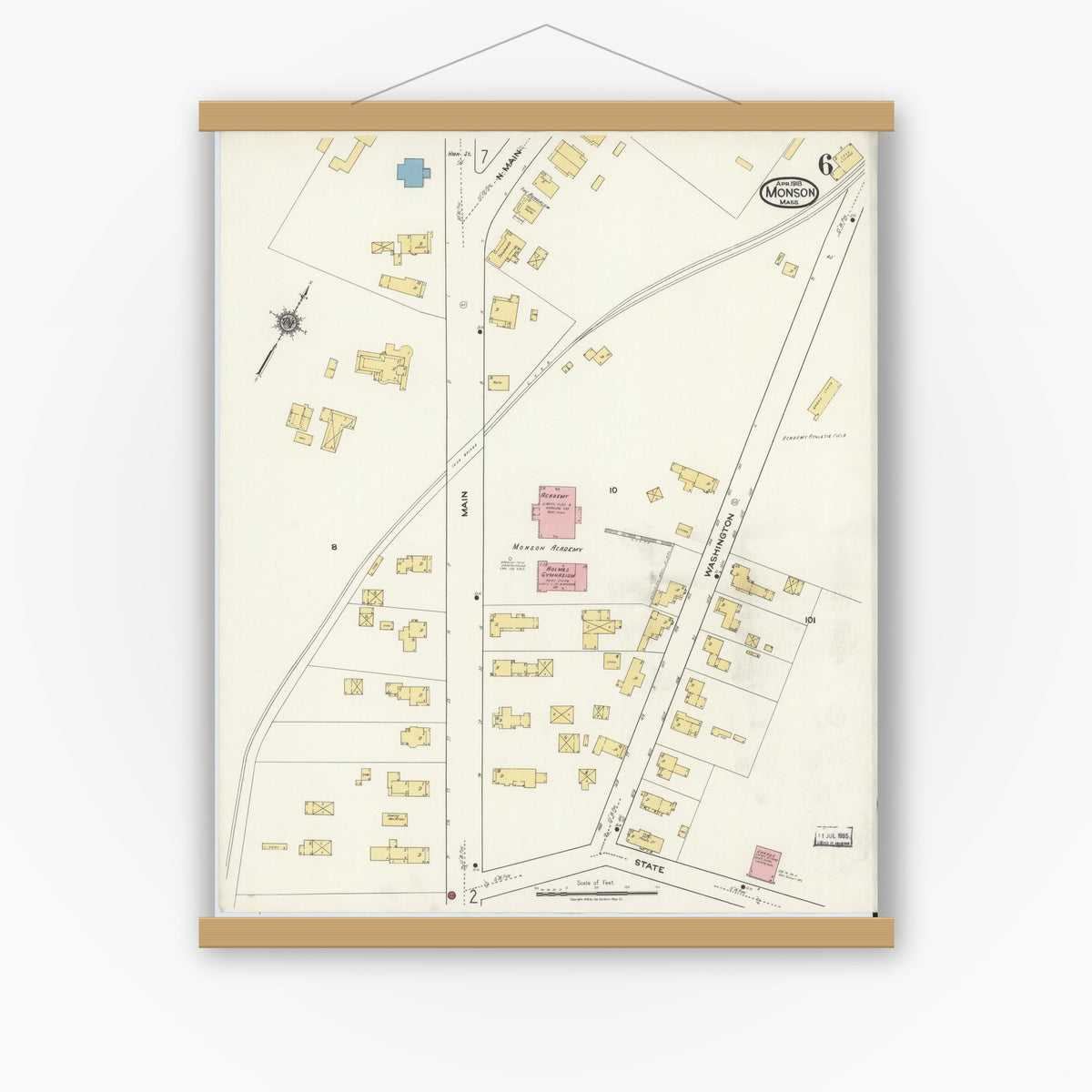 Old map wall art mockup — magnetic wood frame on white wall — Sanborn Fire Insurance Map from Monson, Hampden County, Massachusetts (1918), Sheet #0006