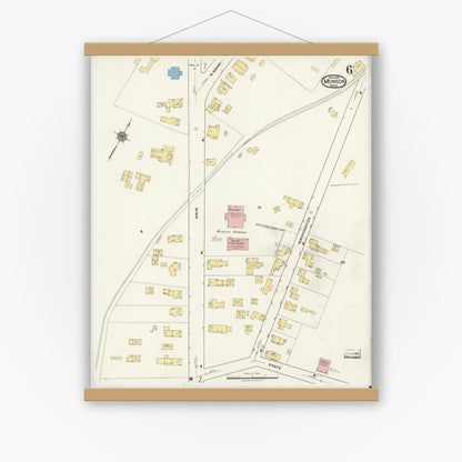 Old map wall art mockup — magnetic wood frame on white wall — Sanborn Fire Insurance Map from Monson, Hampden County, Massachusetts (1918), Sheet #0006