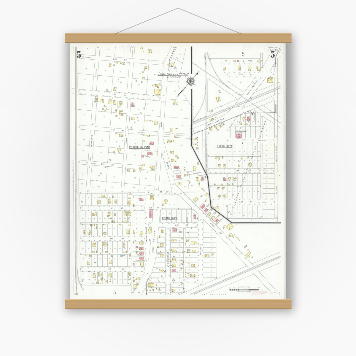 Old map wall art mockup — magnetic wood frame on white wall — Sanborn Fire Insurance Map from Dupo, Saint Clair County, Illinois (1941), Sheet #0005