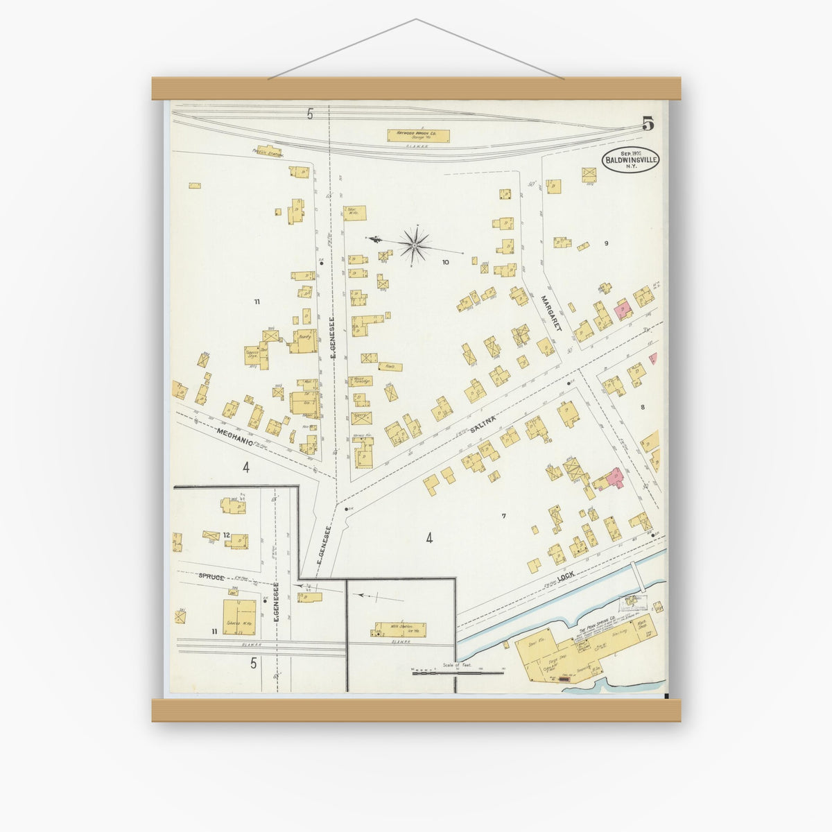 Old map wall art mockup — magnetic wood frame on white wall — Sanborn Fire Insurance Map from Baldwinsville, Onondaga County, New York (1906), Sheet #0005