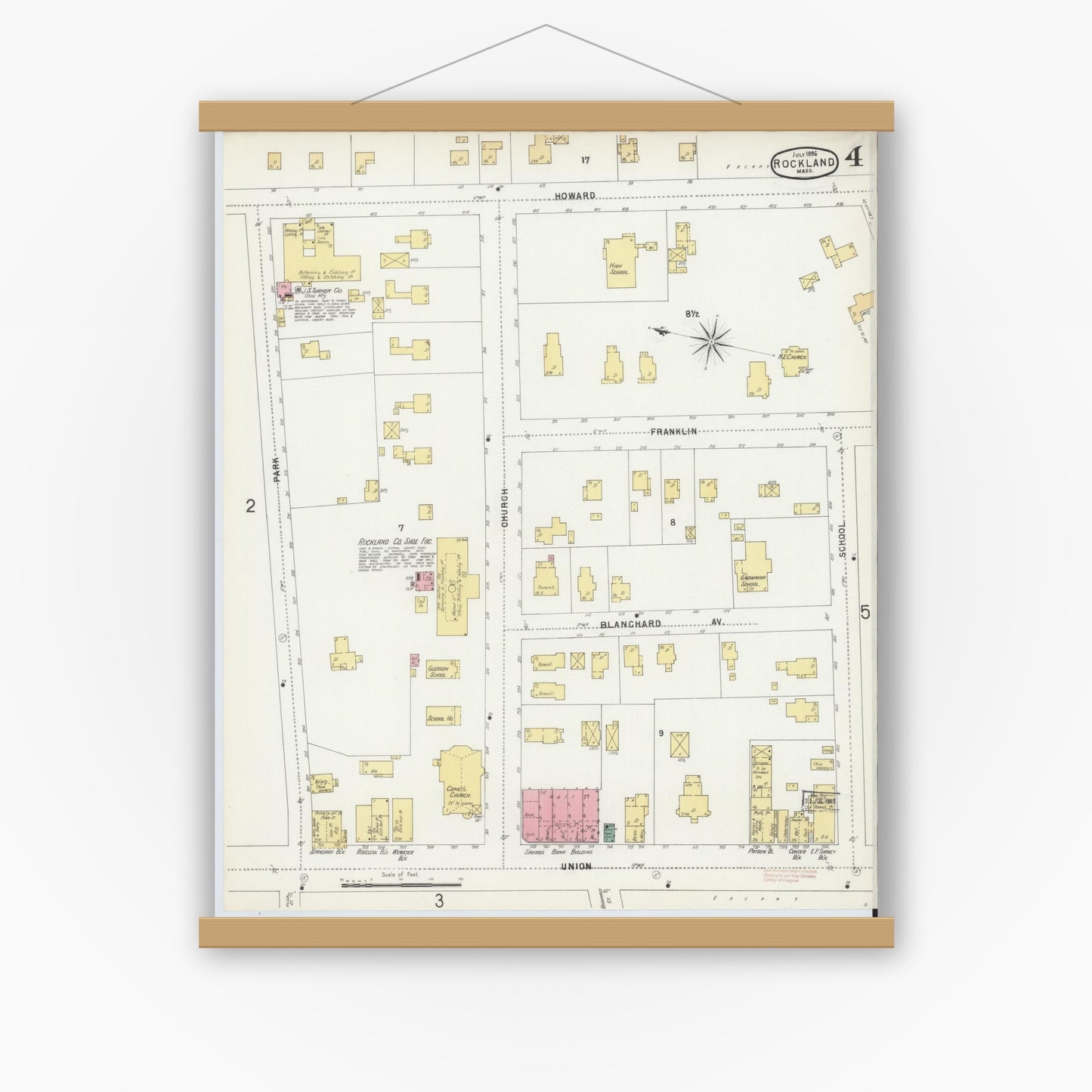 Old map wall art mockup — magnetic wood frame on white wall — Sanborn Fire Insurance Map from Rockland, Plymouth County, Massachusetts (1896), Sheet #0004