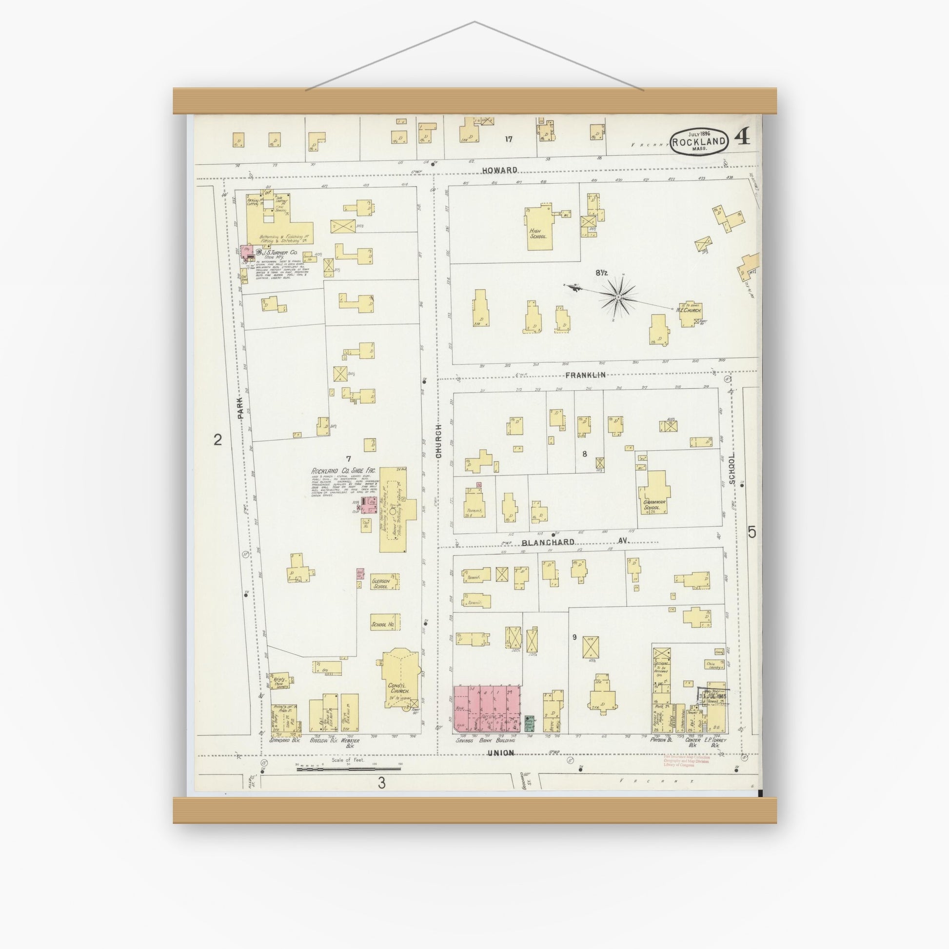 Old map wall art mockup — magnetic wood frame on white wall — Sanborn Fire Insurance Map from Rockland, Plymouth County, Massachusetts (1896), Sheet #0004