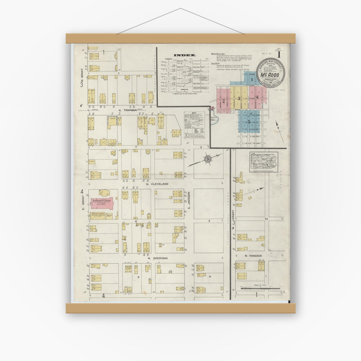 Old map wall art mockup — magnetic wood frame on white wall — Sanborn Fire Insurance Map from McAdoo, Schuylkill County, Pennsylvania (1912) - Complete Map Set