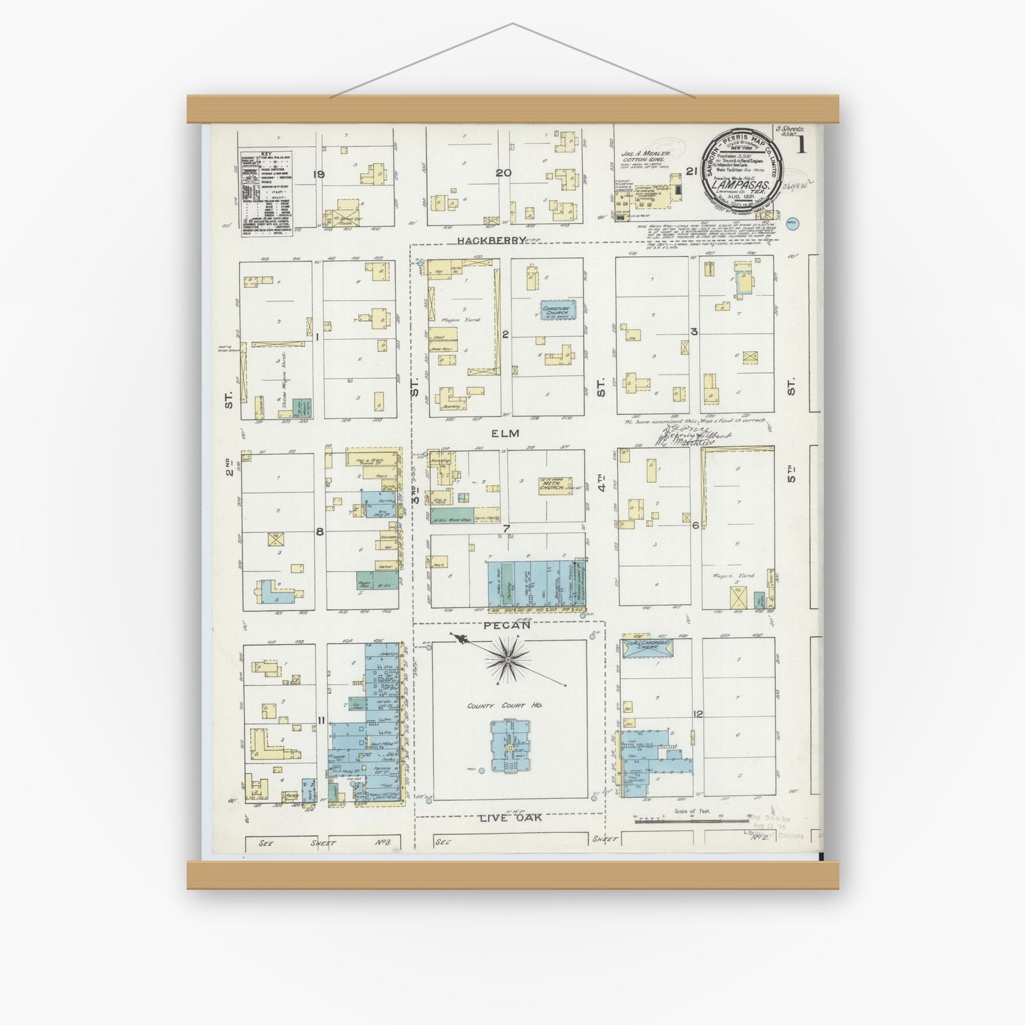 Old map wall art mockup — magnetic wood frame on white wall — Sanborn Fire Insurance Map from Lampasas, Lampasas County, Texas (1891), Sheet #0001