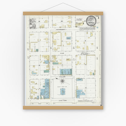 Old map wall art mockup — magnetic wood frame on white wall — Sanborn Fire Insurance Map from Lampasas, Lampasas County, Texas (1891), Sheet #0001
